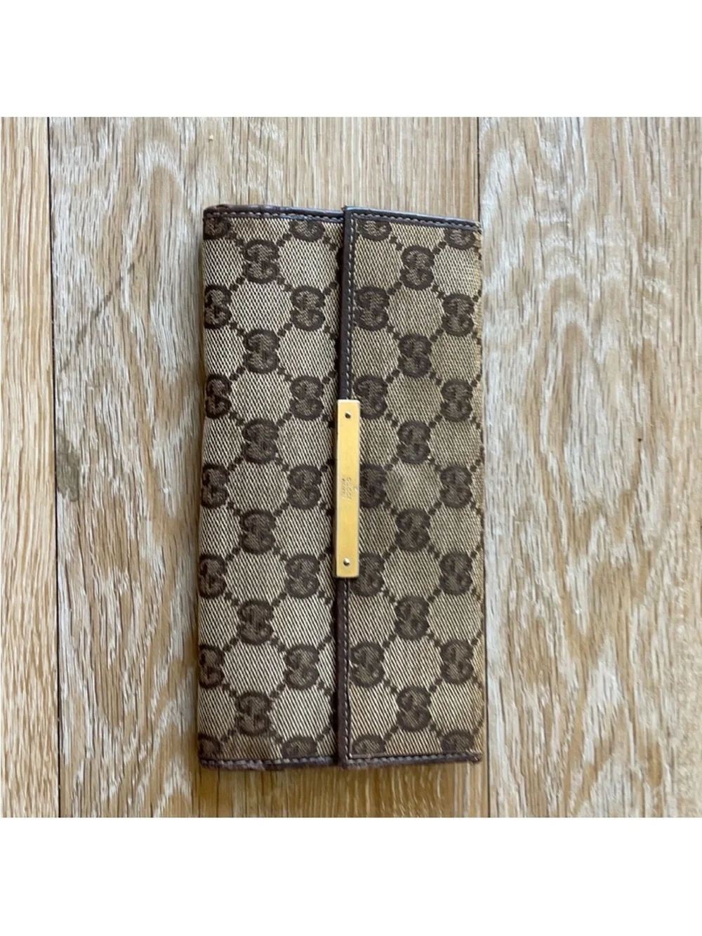 Gucci Brown/Beige GG Canvas Fold Wallet with Gold Plate